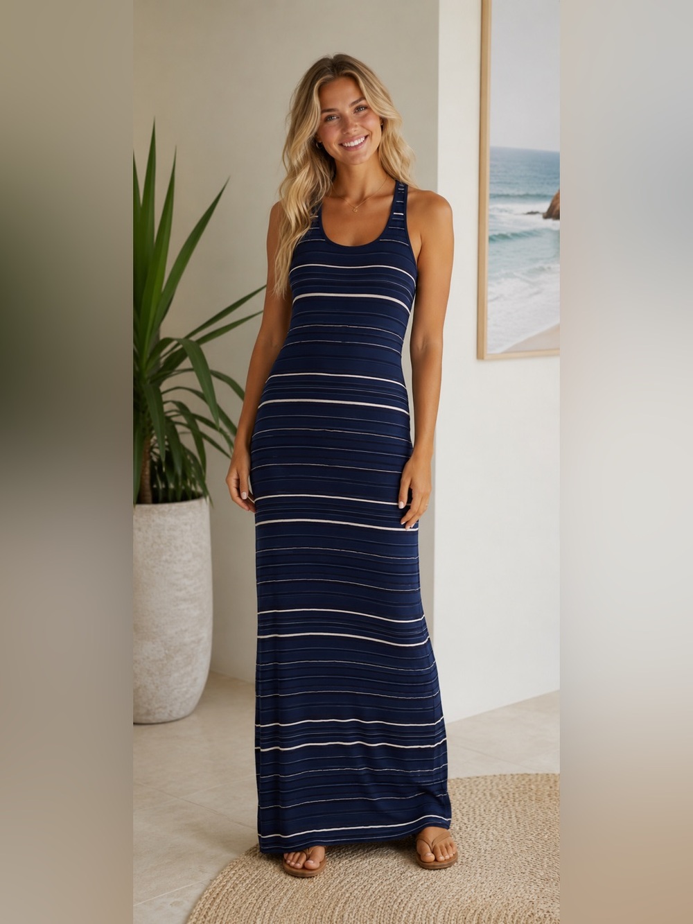 Joe Fresh Striped Tank Maxi Dress M Blue White Coastal Vacation Long Dress